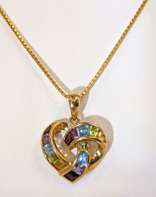 14K Gold Herz Anhänger mit mehrfarbigen Edelsteinen & zarter Box Kette 23,5' L
