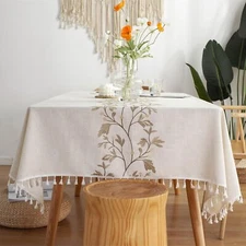 Coffee Leaf Embroidery Cotton Linen Tablecloth 55"x55" Tassel Heavy Weight
