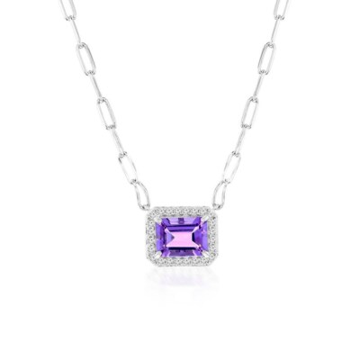 Rechteckig 6X8 Amethyst, weißer Topasrand, Büroklammer Halskette