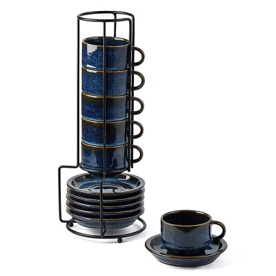 JIEMEI HOME Porcelain Stackable Espresso Cups with Saucers and Metal Stand,4 ...