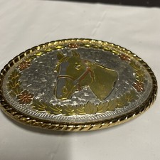Beautiful Vintage VTG Horse Themed Tooled Metal Multi Tone Belt Buckle