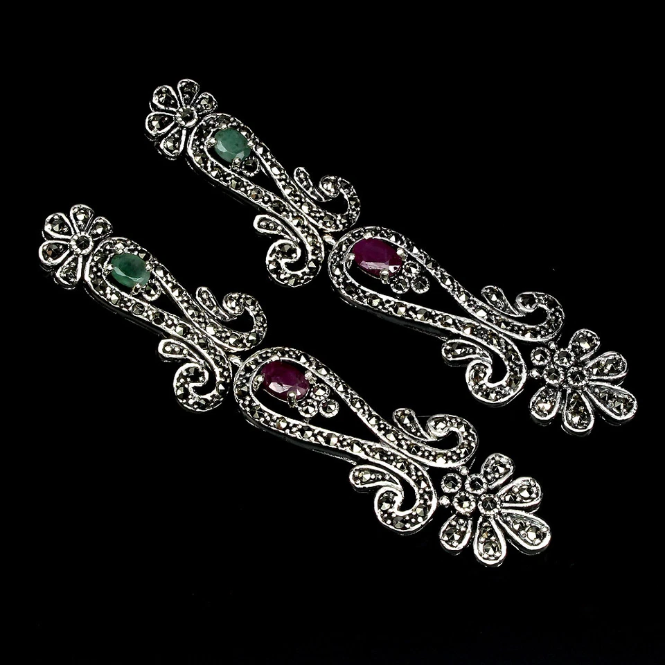 925 Sterling Silver Earrings Oval Ruby Emerald Marcasite Gemstone Jewelry Gift - Image 4 of 4