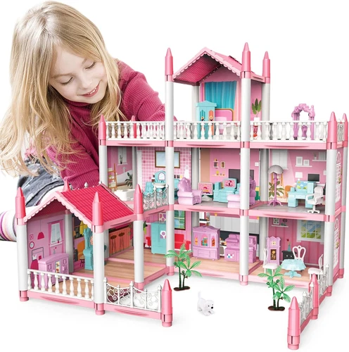 Doll House Dollhouse - 3 Story 9 Rooms Pink DIY Pretend Play Building Playset, D