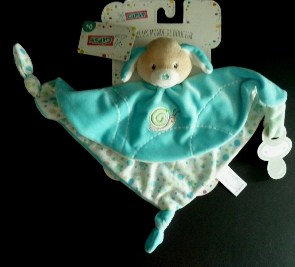 N. DOUDOU GIPSY PLAT CHIEN BLEU BLANC VERT ESCARGOT ATTACHE TETINE - 100% NEUF - Photo 3/3