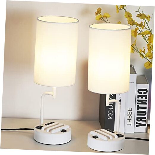 Table Lamp with 3 USB Charging Ports, Modern Desk Lamp with AC Outlet White-image