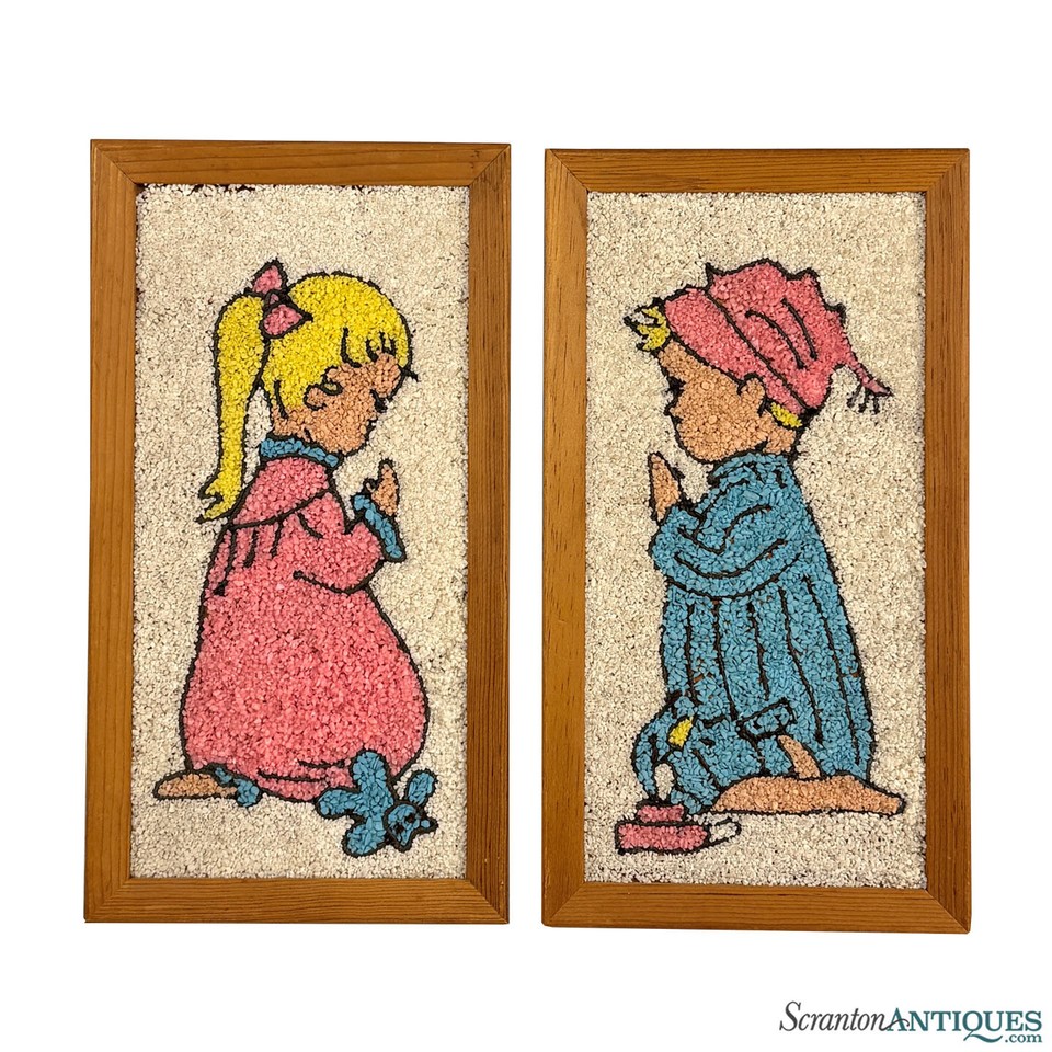 Mosaic gravel art of a little boy and girl — a charming, labor-intensive folk-art pair that's equal parts whimsical and genuinely rare to find intact.