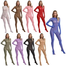 Womens Bodysuit Pantyhose Jumpsuit Round Neck Full-body Nylon Stockings Sexy
