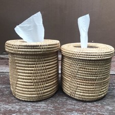 Vintage Thai Handicraft Tissue Holder Box Cover Natural Rattan 2 pcs Size 5"