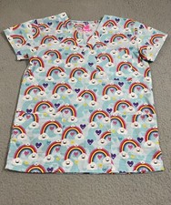 I  Scrubs Top Womens XS Blue Multi Rainbow Hearts Medical Nurse Dental Vet Tech