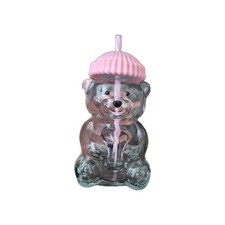 Cute Bear Shaped Glass Clear Cup with Pink Straw