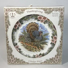 4 pc Queens Myott Factory THANKSGIVING Turkey Dinner Plates 10” Original Box