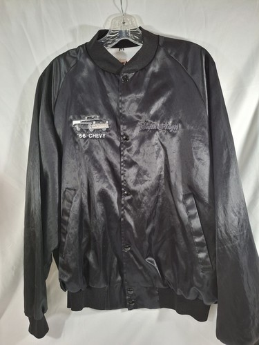 Vintage 56 Chevrolet Satin Jacket Bomber Black Size M Earth Angel - Picture 1 of 7