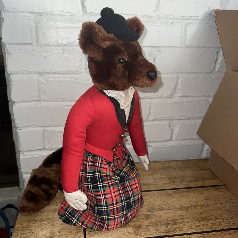 Vintage Stuffed Animal Mr Fox Shelf Sitter Tartan Plaid Lace Old
