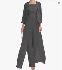 Elegant Mother of the BrideDress 3Piece Square Neck Lace Blouse Chiffon Pant Set
