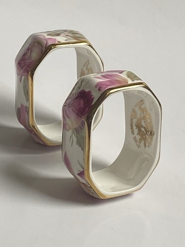 Vintage Hand Decorated Rococo Floral Pink Rose Ceramic Napkin Ring x 2 Tableware - Picture 3 of 6