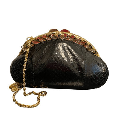 Whiting & Davis Vintage Black Snakeskin Embossed Evening Clutch Gold Rhinestone