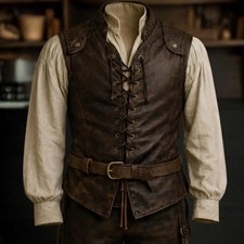 Men's Vintage Leather Lace-Up Vest Viking Medieval Warrior Waistcoat