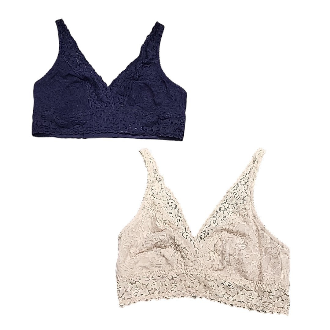 Felina Womens Set of 2 Wirefree Lace Bralette Large Size Navy Beige Trendy Bras