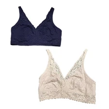 Felina Womens Set of 2 Wirefree Lace Bralette Large Size Navy Beige Trendy Bras