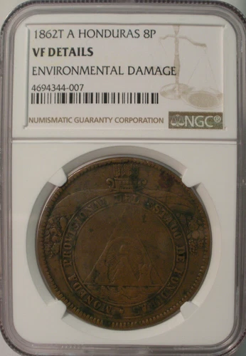 1862 T A HONDURAS 8 PESOS COPPER NGC VF DETAILS COIN WORLD SPANISH COLONIAL