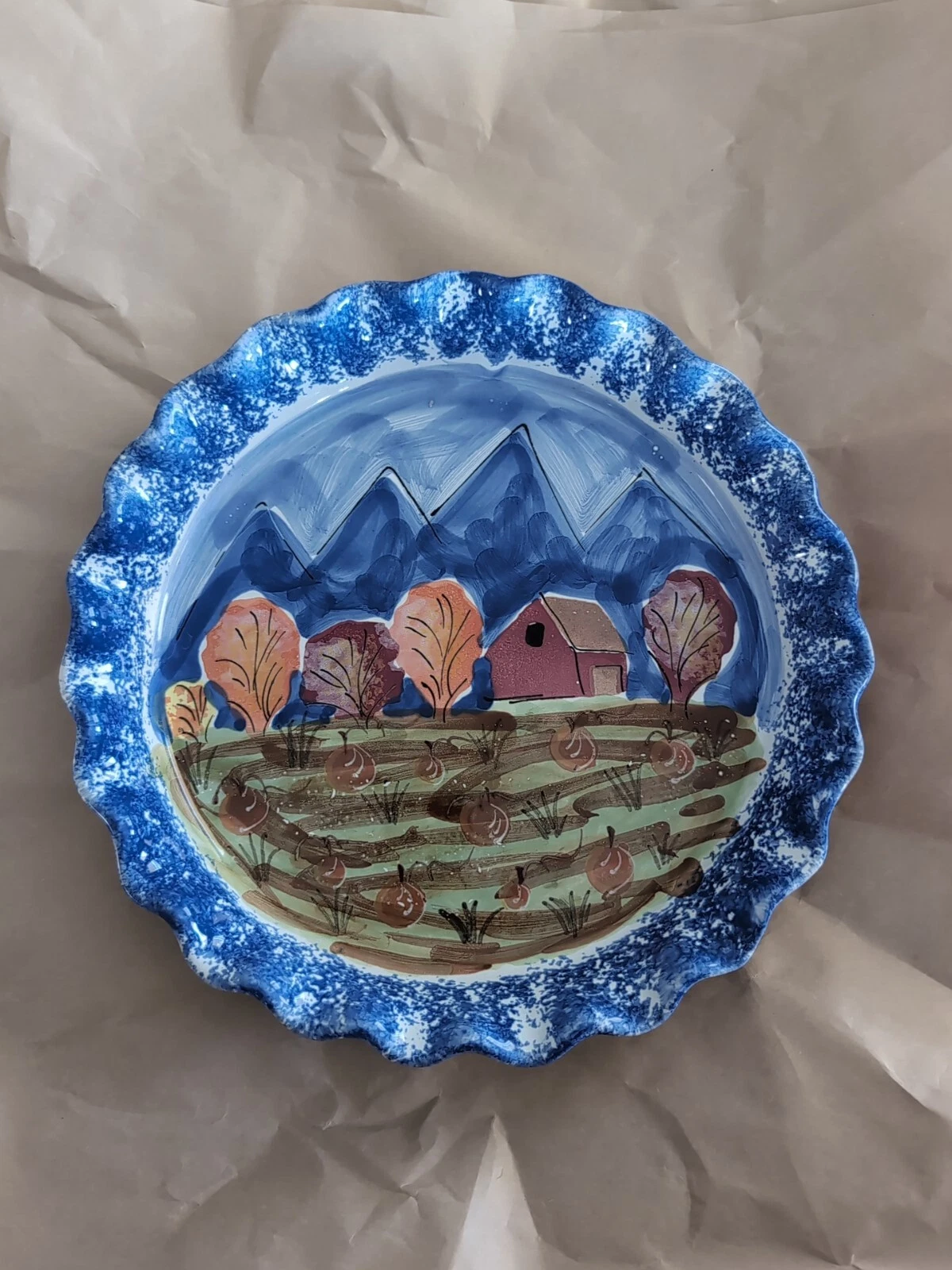 Mesa International Pie Quiche Dish Pan Plate Blue Edge Pumpkin Patch Farm 10"