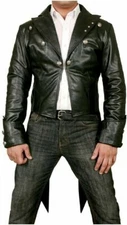 Men's Real Leather Black Coat Gothic Tail Coat Steampunk Biker Jacket Costume US