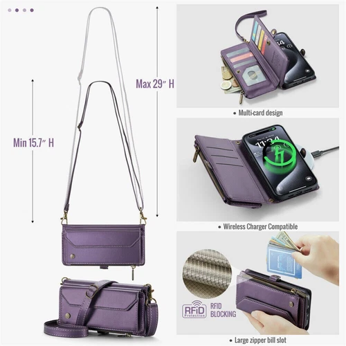 For iPhone 16 15 14 13 12 Pro Max Plus Case Wallet Leather ZIP Bag Strap Cover - Picture 27 of 84