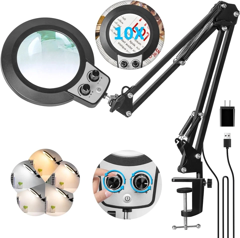Magnifying Glass Desk Lamp with 10X Swing Arm and Big Clamp Lighted Magnifier - Image 2 of 4