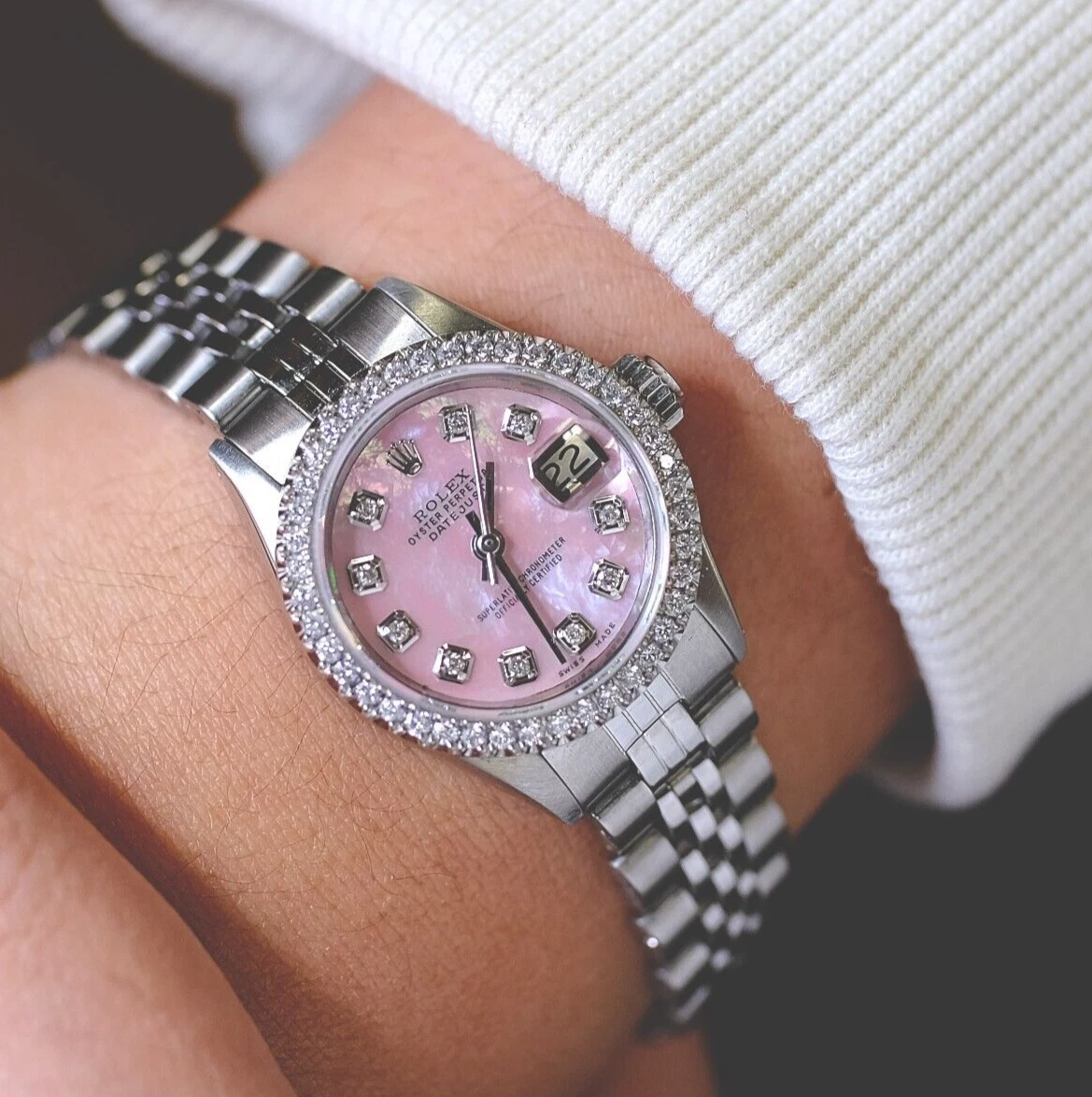 ROLEX LADIES DATEJUST STAINLESS STEEL PINK DIAL DIAMOND BEZEL WATCH 6917 | eBay