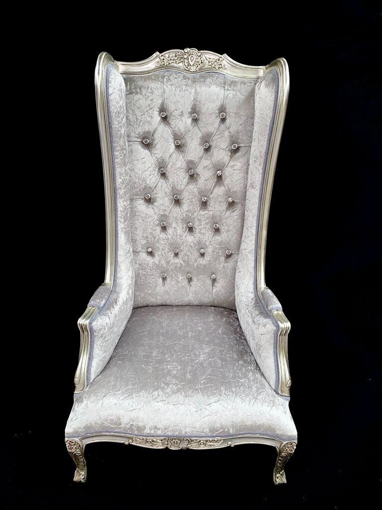 SILVER LEAF ORNATE FEATURE HIGH BACK PORTERS ARM THRONE CHAIR GREY
