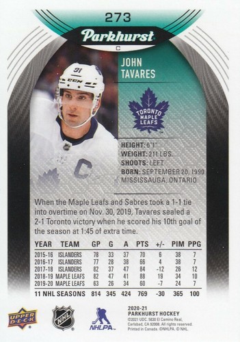 2020-21 John Tavares Parkhurst SP Silver Toronto Maple Leafs Hockey Card #273 - Picture 2 of 2