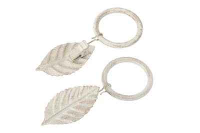 Gardinenringe / Vorhangringe mit Dekoklammer BLATT, écru-gold, Set 10 Stück
