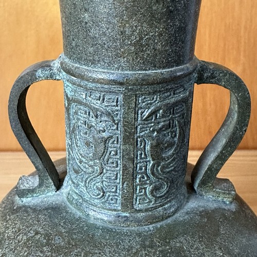 Antique Japanese Meiji Period 7.38” Green-Brown Mythical Creature Bronze Vase - Picture 6 of 9