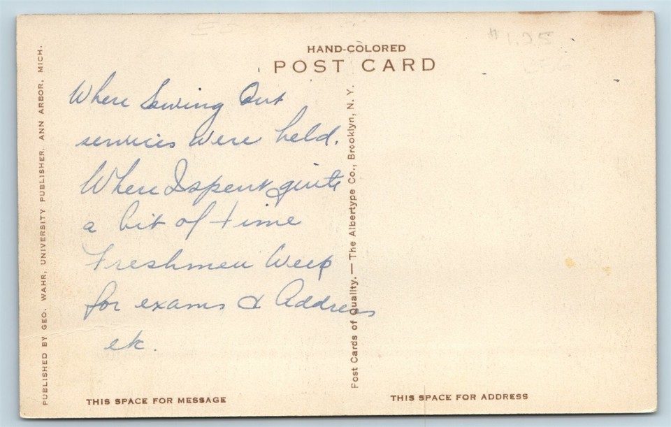 Postcard MI Ann Arbor University of Michigan Hill Auditorium Hand