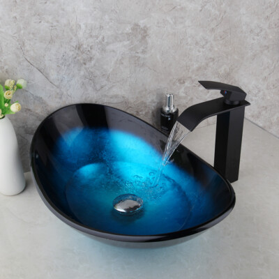 US Oval Blue Bathroom Vessel Sink Tempered Glass Basin Bowl Faucet Mixer  Tap Set