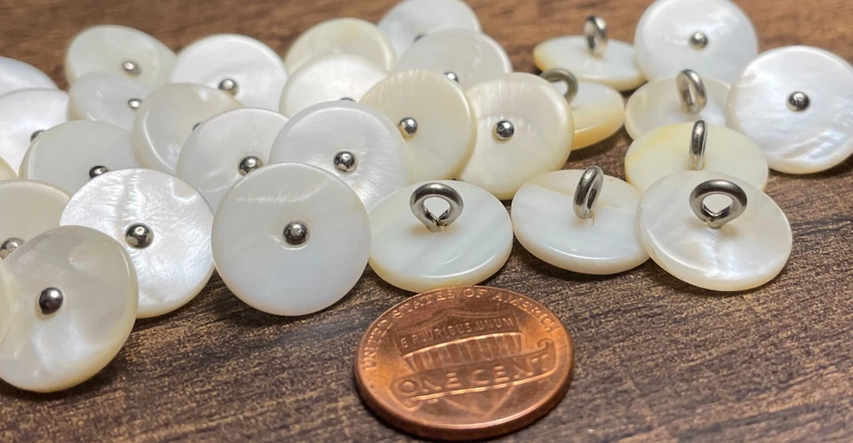 8 PC ONLY Vintage Iridescent Off-white MOP Pin Shank Buttons 15mm 9/16" 14941 - Image 2 of 3