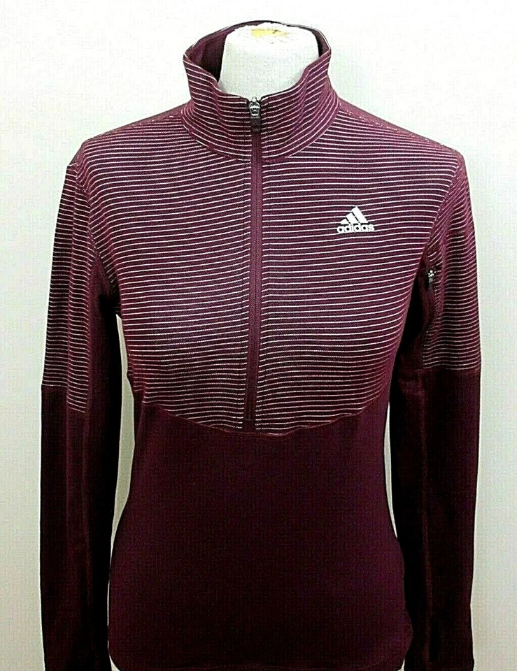 Adidas Women's Climalite 1/2 Zipper Pullover Maroon White Striped New Free Ship - Image 3 of 4