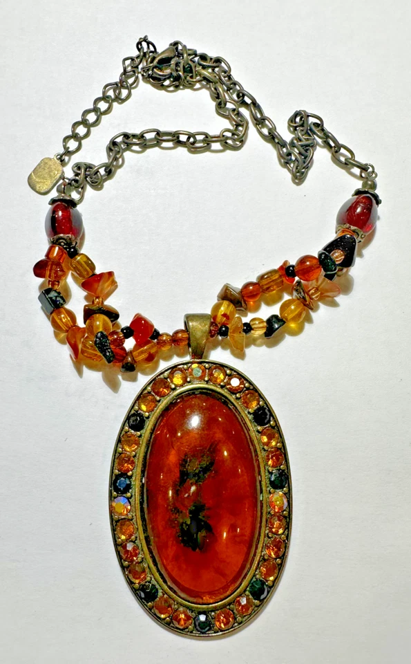 Collar Colgante You and I Art Vidrio Moldeado Ámbar Marrón Miel Cuentas Estrás Foto 2 de 4