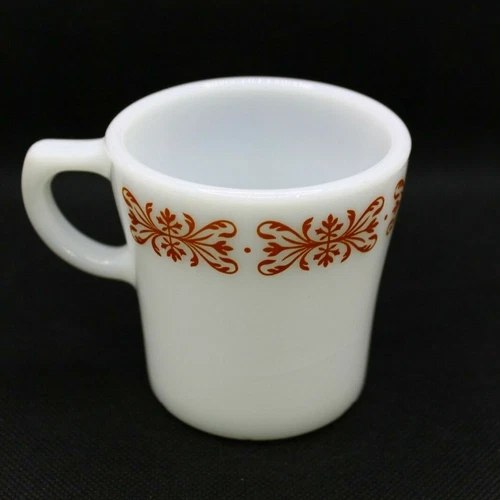Vintage Pyrex Coffee Mug Cup Copper Filigree Pattern Milk Glass 6oz D Handle