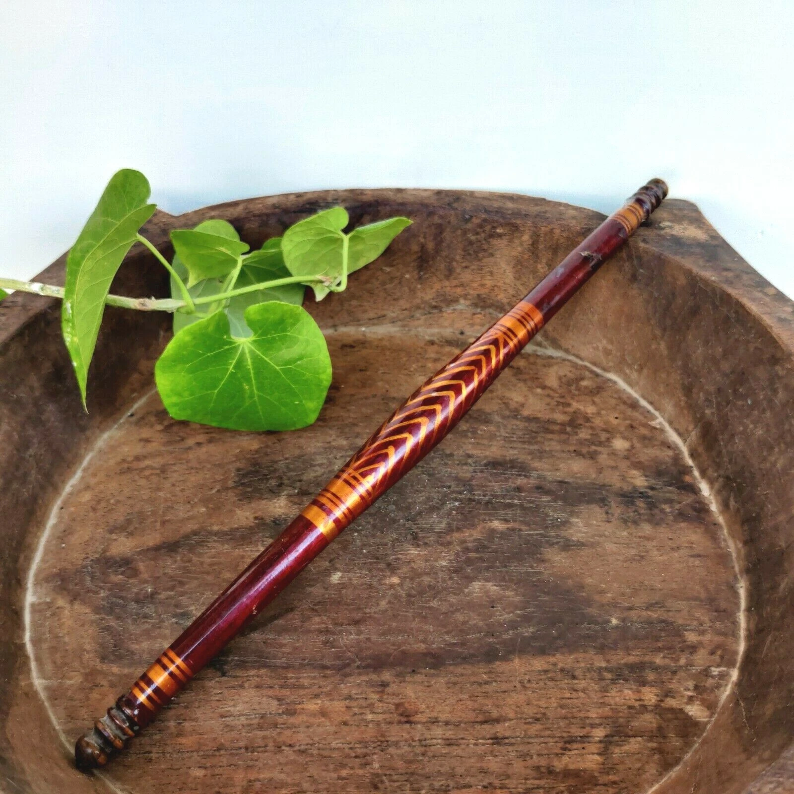 19c Vintage Handmade Indo Persian Lacquered Bread Bakers Wooden Rolling Pin 41