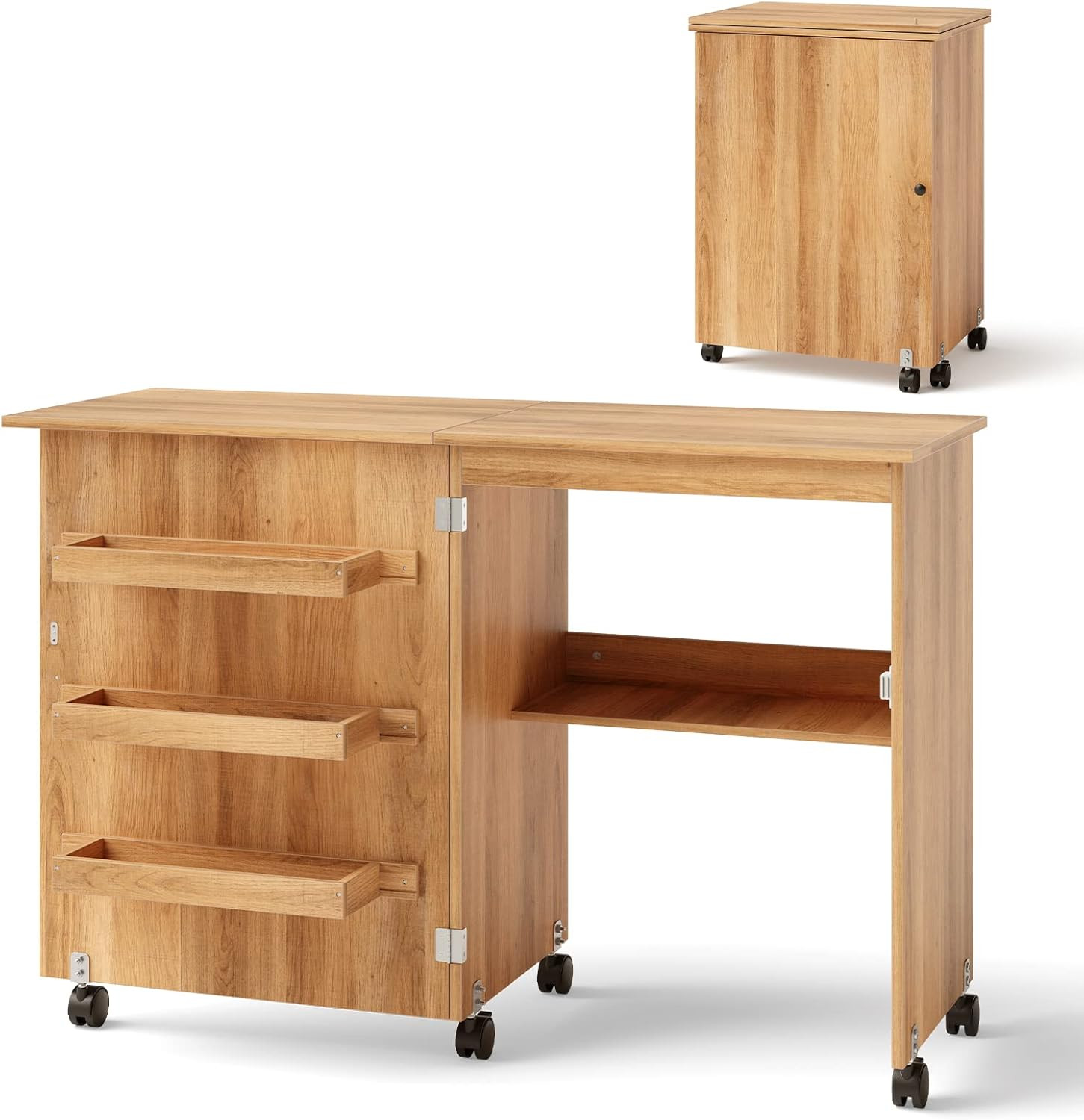 Folding Sewing Craft Table, Sewing Cabinet with 3 Storage Bins and Shelf, Rollin