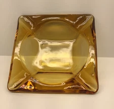 VTG Ashtray Mid Century Amber Glass Square 5.75” Cigar Cigarette Heavy