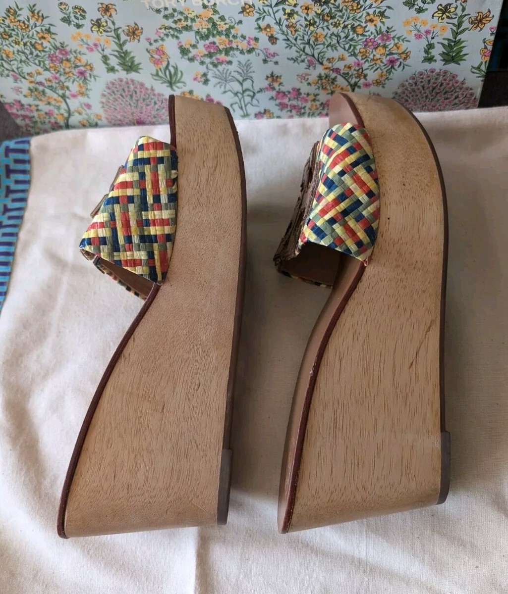 TORY BURCH Ines Woven Multicolor Raffia Wedge Platform Slide