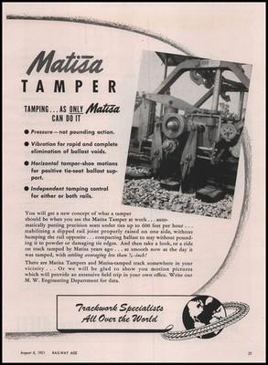 1951 Matisa Train Trackwork Specialists Photo Tampers Tamped Track Print Ad