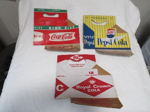 Vintage Coca Cola, Pepsi Cola & RC Cola Big 3 Soda 6 Bottle Cartons Carriers