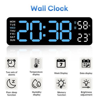 9inch Large Display Digital LED Wall Desk Alarm Clock Calendar Temperature Date