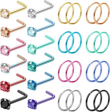 28PCS Hypoallergenic Nose Rings Hoops Studs - 316L Stainless Steel Nose Ring for