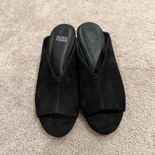EILEEN FISHER Black Katniss Slides Peep-Toe Soft Upper Leather Mules Size 7
