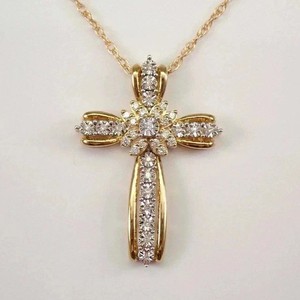 Authentic 2Ct Round Cut Lab- Created Diamond Cross Pendant 14K Yellow Gold Plated