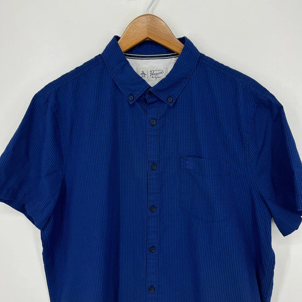 Penguin Short Sleeve Button Shirt Men's XL Blue Check Print Pocket Logo Cotton - Image 2 of 4